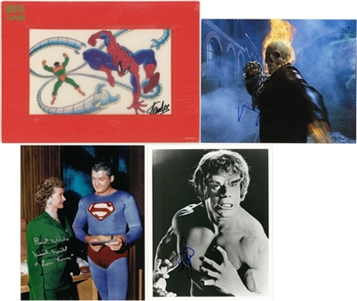 Marvel & DC Comics Lot of (4) Photos & Animation Cel Single Signed By Stan Lee, Lou Ferrigno, Nicholas Cage & Noel Neill (Beckett PreCert)